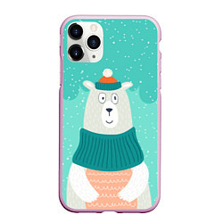 Чехол iPhone 11 Pro матовый Зимний Мишка, цвет: 3D-розовый