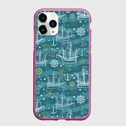 Чехол iPhone 11 Pro матовый Парусники в море - паттерн, цвет: 3D-малиновый