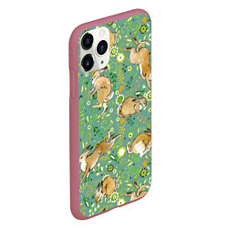 Чехол iPhone 11 Pro матовый Милые зайчата на полянке, цвет: 3D-малиновый — фото 2