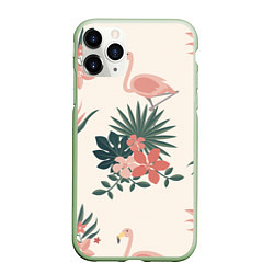 Чехол iPhone 11 Pro матовый Розовый фламинго и цветы