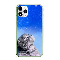 Чехол iPhone 11 Pro матовый Кот и космос, цвет: 3D-салатовый