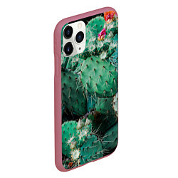 Чехол iPhone 11 Pro матовый Кактусы с цветами реализм, цвет: 3D-малиновый — фото 2