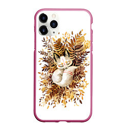 Чехол iPhone 11 Pro матовый Лисичка спит в листьях, цвет: 3D-малиновый
