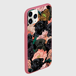 Чехол iPhone 11 Pro матовый Мопсы и Цветы, цвет: 3D-малиновый — фото 2