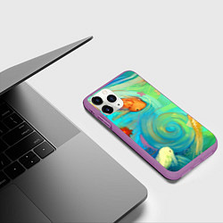 Чехол iPhone 11 Pro матовый Золотые рыбы в море абстракции, цвет: 3D-фиолетовый — фото 2