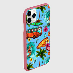 Чехол iPhone 11 Pro матовый Пальмы, волны, серфинг, цвет: 3D-малиновый — фото 2