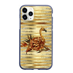 Чехол iPhone 11 Pro матовый Золотой фламинго и цветок