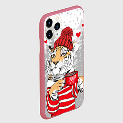 Чехол iPhone 11 Pro матовый Тигр с чашкой кофе, цвет: 3D-малиновый — фото 2