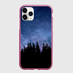 Чехол iPhone 11 Pro матовый НОЧНОЙ ЛЕС И ЗВЕЗДЫ, цвет: 3D-малиновый