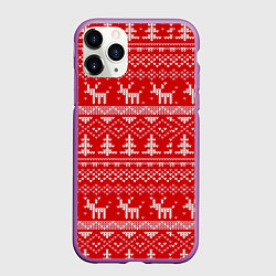 Чехол iPhone 11 Pro матовый Новогодний узор с оленями и елкой, цвет: 3D-фиолетовый