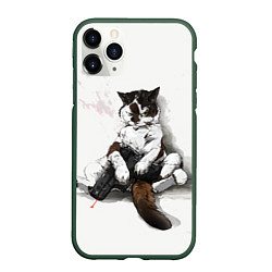 Чехол iPhone 11 Pro матовый Котик с пистолетом на стене мем, цвет: 3D-темно-зеленый