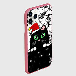 Чехол iPhone 11 Pro матовый Новогодний кот в колпаке Санты, цвет: 3D-малиновый — фото 2