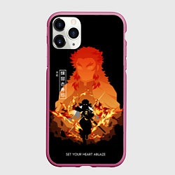 Чехол iPhone 11 Pro матовый Ренгоку Кенджуро пылай клинок демонов, цвет: 3D-малиновый