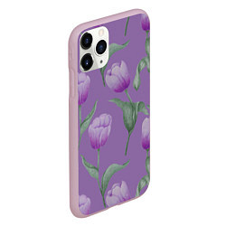 Чехол iPhone 11 Pro матовый Фиолетовые тюльпаны с зелеными листьями, цвет: 3D-розовый — фото 2