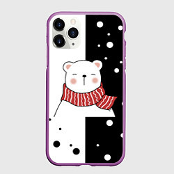 Чехол iPhone 11 Pro матовый ЧЁРНО-БЕЛЫЙ МИШКА, цвет: 3D-фиолетовый
