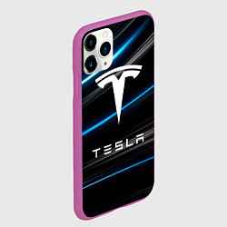 Чехол iPhone 11 Pro матовый Tesla - Неоновые полосы, цвет: 3D-фиолетовый — фото 2