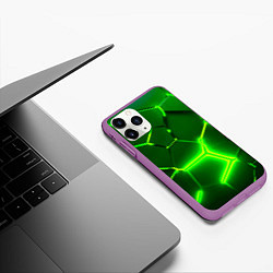 Чехол iPhone 11 Pro матовый 3D ПЛИТЫ НЕОН NEON GREEN HEXAGON РАЗЛОМ, цвет: 3D-фиолетовый — фото 2