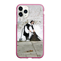 Чехол iPhone 11 Pro матовый Banksy - Бэнкси уборщица, цвет: 3D-малиновый