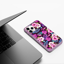 Чехол iPhone 11 Pro матовый Цветочный Паттерн Flowers and leaves, цвет: 3D-сиреневый — фото 2