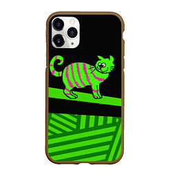 Чехол iPhone 11 Pro матовый Зеленый полосатый кот, цвет: 3D-коричневый