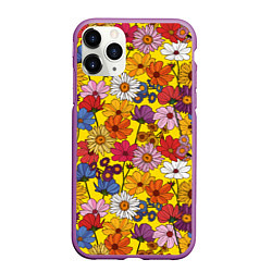 Чехол iPhone 11 Pro матовый Цветочки-лютики на желтом фоне, цвет: 3D-фиолетовый