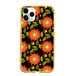 Чехол iPhone 11 Pro матовый Оранжевые цветы на черном фоне, цвет: 3D-желтый