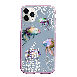 Чехол iPhone 11 Pro матовый Разноцветные акварельные рыбки и белые водоросли, цвет: 3D-розовый