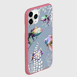 Чехол iPhone 11 Pro матовый Разноцветные акварельные рыбки и белые водоросли, цвет: 3D-малиновый — фото 2