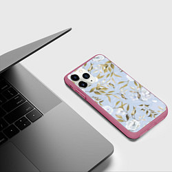 Чехол iPhone 11 Pro матовый Цветы Золотые Листья, цвет: 3D-малиновый — фото 2