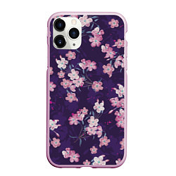 Чехол iPhone 11 Pro матовый Цветы Розовые На Фиолетовом Фоне