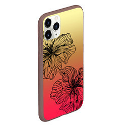 Чехол iPhone 11 Pro матовый Черные абстрактные цветы на красно-желтом градиент, цвет: 3D-коричневый — фото 2