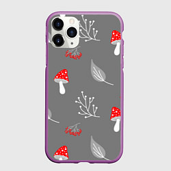 Чехол iPhone 11 Pro матовый Грибочки на сером фоне, паттерн, цвет: 3D-фиолетовый