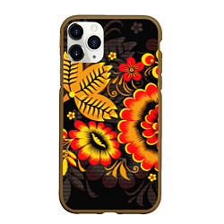 Чехол iPhone 11 Pro матовый Хохломская Роспись Цветы На Тёмном Фоне, цвет: 3D-коричневый