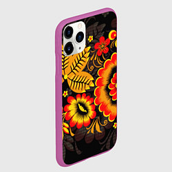 Чехол iPhone 11 Pro матовый Хохломская Роспись Цветы На Тёмном Фоне, цвет: 3D-фиолетовый — фото 2