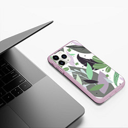 Чехол iPhone 11 Pro матовый Зелёные, серые, голубые, сиреневые листья на белом, цвет: 3D-розовый — фото 2
