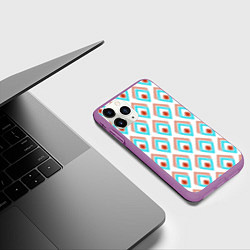 Чехол iPhone 11 Pro матовый Бирюзовые с рыжим неоновые абстрактные ромбы, цвет: 3D-фиолетовый — фото 2