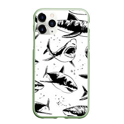 Чехол iPhone 11 Pro матовый Кровожадные акулы - стая, цвет: 3D-салатовый