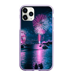 Чехол iPhone 11 Pro матовый Неоновый салют над рекой ночью - Синий, цвет: 3D-светло-сиреневый