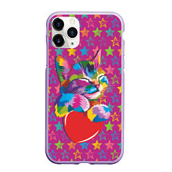 Чехол iPhone 11 Pro матовый Сердечный котик в поп-арте, цвет: 3D-светло-сиреневый