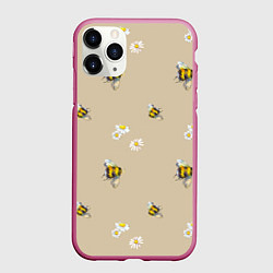 Чехол iPhone 11 Pro матовый Цветы Ромашки и Пчёлы, цвет: 3D-малиновый
