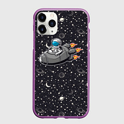 Чехол iPhone 11 Pro матовый Космонавт летит в ракете через звезды, цвет: 3D-фиолетовый
