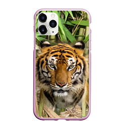 Чехол iPhone 11 Pro матовый Матёрый тигр в зарослях бамбука, цвет: 3D-розовый