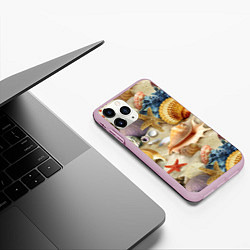 Чехол iPhone 11 Pro матовый Морские раковины, кораллы, морские звёзды на песке, цвет: 3D-розовый — фото 2
