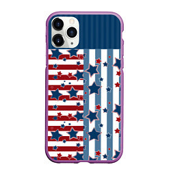 Чехол iPhone 11 Pro матовый Blue stars on a striped pattern, цвет: 3D-фиолетовый