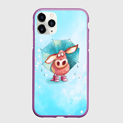Чехол iPhone 11 Pro матовый Свинка под зонтиком в дождь, цвет: 3D-фиолетовый