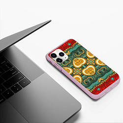 Чехол iPhone 11 Pro матовый Золотые узоры на бирюзовом фоне, цвет: 3D-розовый — фото 2