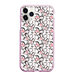 Чехол iPhone 11 Pro матовый Бело-розовые цветы с черной обводкой