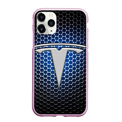 Чехол iPhone 11 Pro матовый Tesla - металлический логотип на сетке, цвет: 3D-розовый