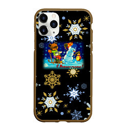 Чехол iPhone 11 Pro матовый Новый Год Зайчик и Мишка Соревнуются, цвет: 3D-коричневый