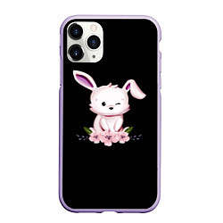 Чехол iPhone 11 Pro матовый Крольчонок С Цветами На Чёрном Фоне, цвет: 3D-светло-сиреневый